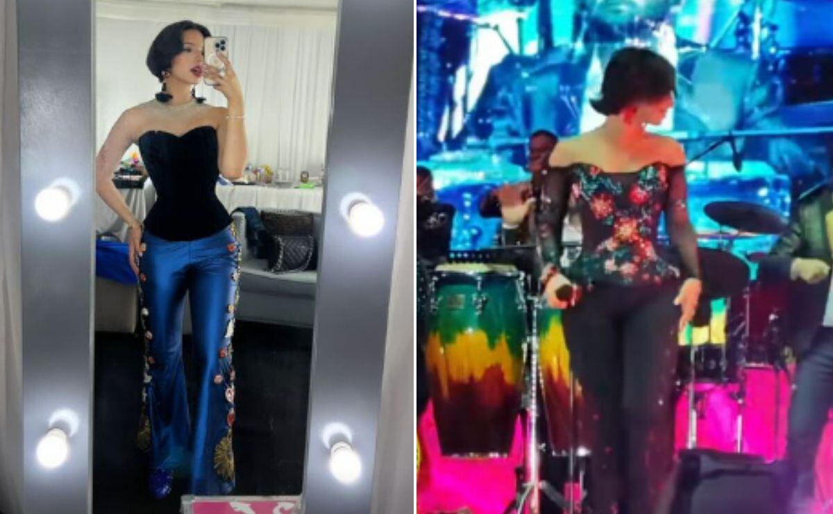 Ángela Aguilar luce corset y pantalón acampanado en mirror selfie