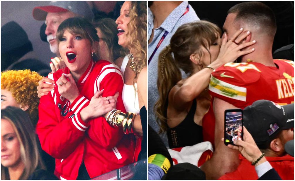 Taylor Swift en el festejo y besando a Travis Kelce / FOTOS: Capturas