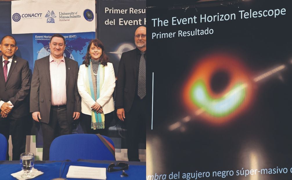 El GTM alcanzó prestigio internacional al participar en la investigación Event Horizon Telescope, que junto a ocho telescopios en el mundo capturó la primera foto de un agujero negro (izquierda) en 2019; a la derecha, la directora del Conahcyt en la presentación. Fotos Archivo El Universal