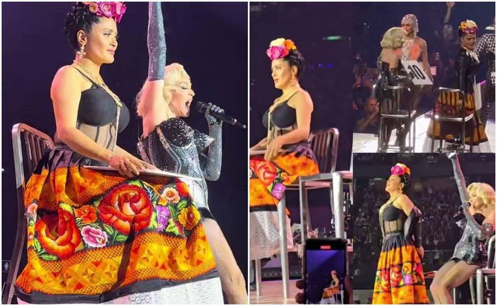 Salma Hayek, caracterizada como Frida Kahlo, se subió al escenario con Madonna en el Palacio de los Deportes.