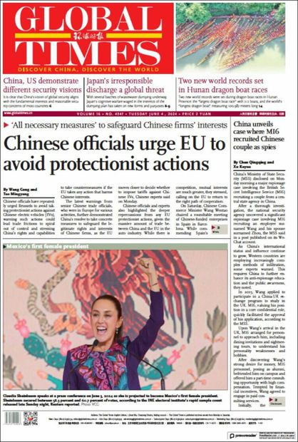 La portada del diario chino Global Times. FOTO: CAPTURA