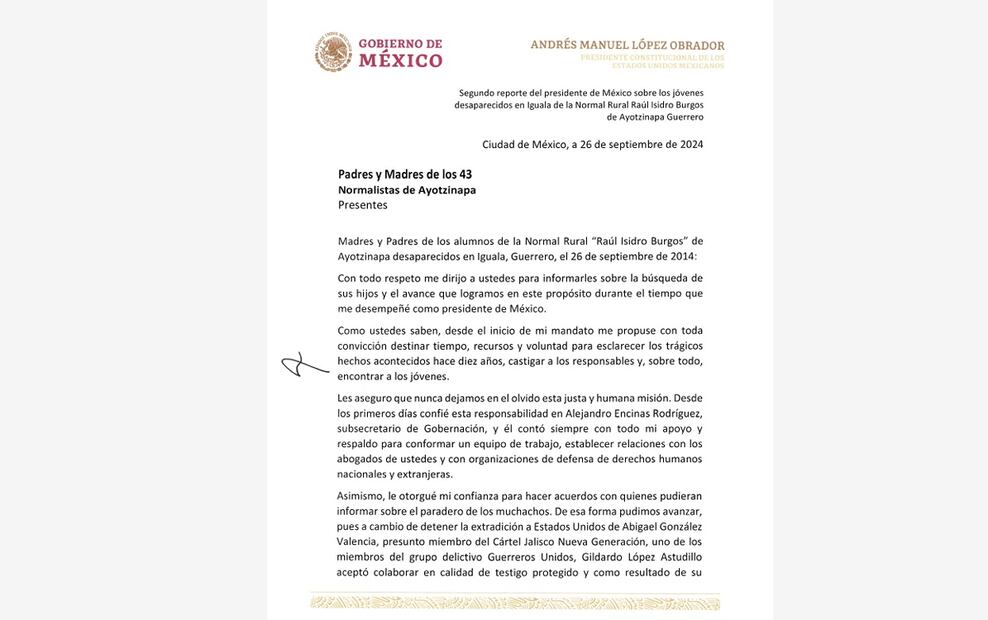 Carta de AMLO a los padres de los 43 normalistas desaparecidos. Foto: captura