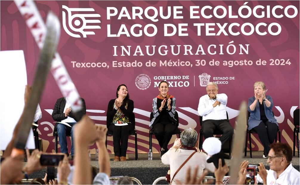 El presidente López Obrador, Claudia Sheinbaum y Delfina Gómez acuden a la inauguración del Parque Ecológico Lago de Texcoco. Foto: Especial