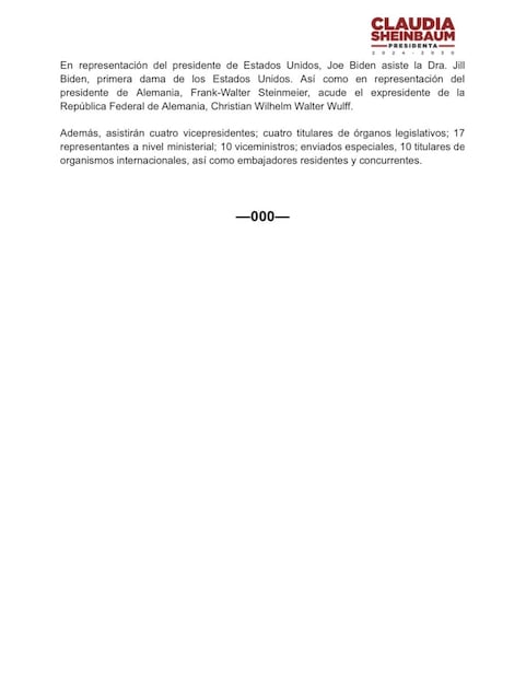 Confirmación de invitados este 18 de septiembre del 2024 a toma de protesta de Claudia Sheinbaum. Foto: Tomada de la cuenta de X de @Claudiashein