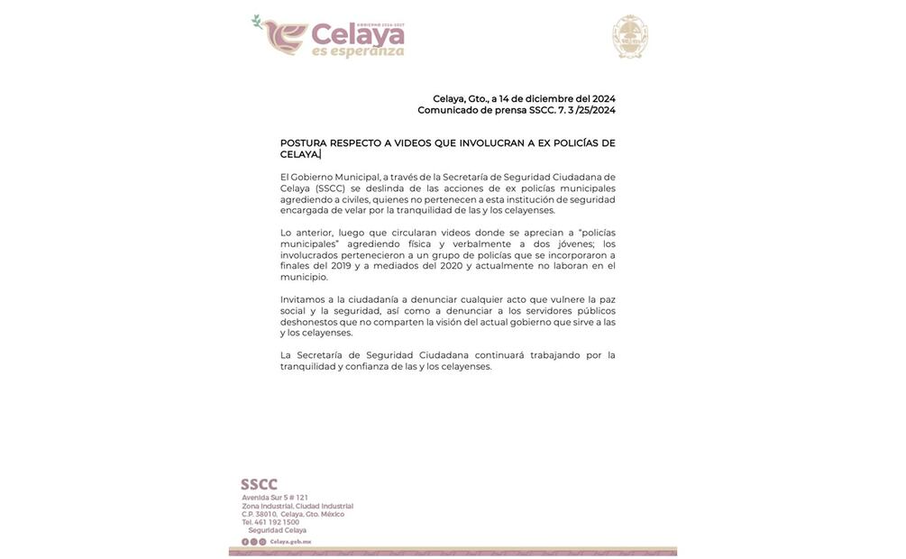 Gobierno Municipal de Celaya se deslinda del caso de los policías que agreden a dos detenidos en Guanajuato (14/12/2024). Foto: Especial