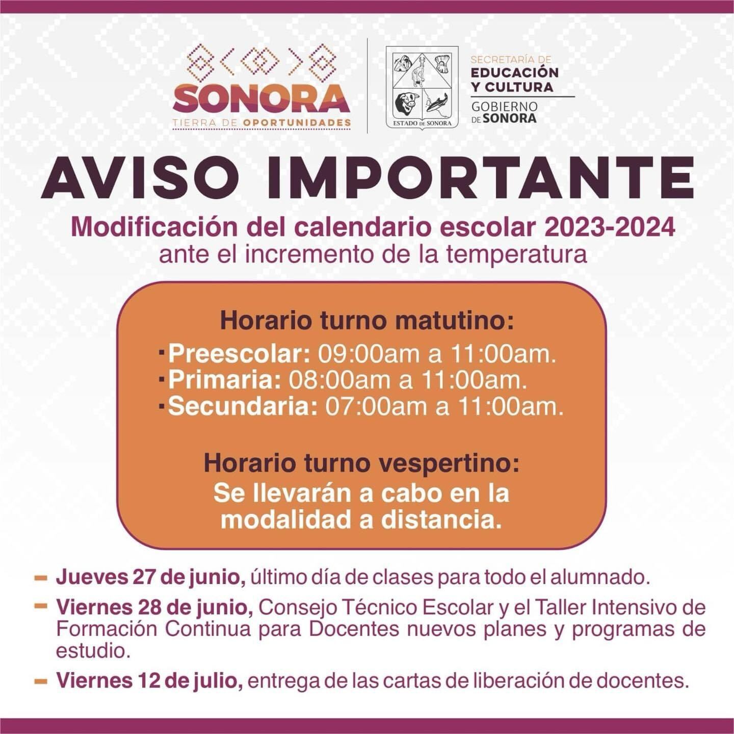 A partir de este jueves 20 de junio se modificarán los horarios para el nivel básico. Foto: especial