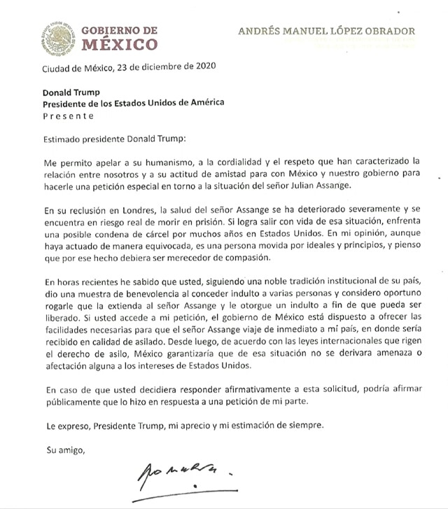 Carta de AMLO a Trump en la que pidió la libertad de Julian Assange. Foto: Captura