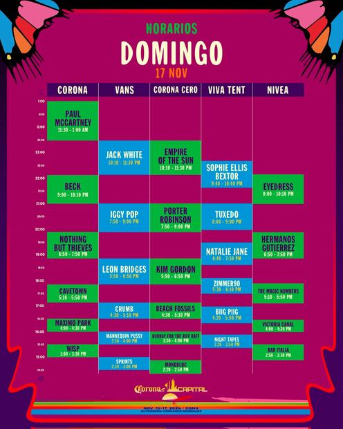 Horarios domingo. Corona Capital 2024.