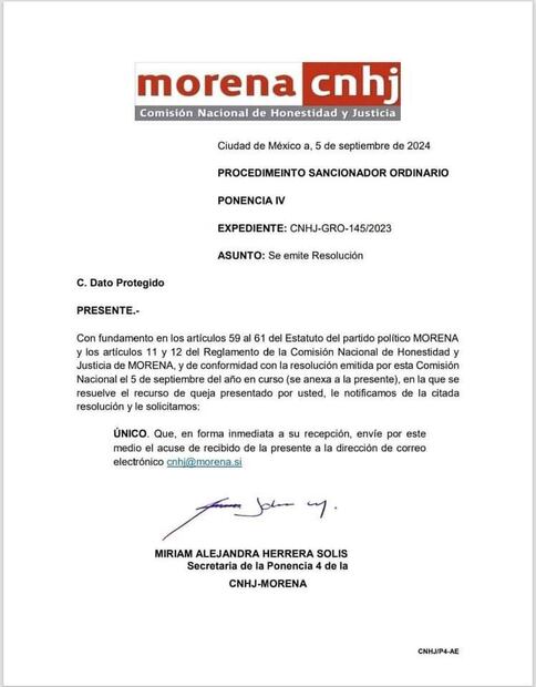 La  Comisión de Honestidad y Justicia de Morena resolvió la cancelación del registro en el padrón nacional a Norma Otilia Hernández Martínez, alcaldesa de Chilpancingo. Foto: Especial