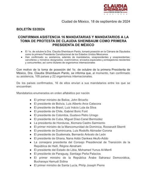 Confirmación de invitados este 18 de septiembre del 2024 a toma de protesta de Claudia Sheinbaum. Foto: Tomada de la cuenta de X de @Claudiashein