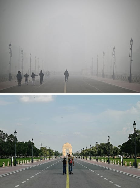 Esta combinación de imágenes creadas el 18 de noviembre de 2024 muestra (arriba) a peatones caminando por el sendero Kartavya, envueltos en una espesa niebla tóxica, cerca de la Puerta de la India, en Nueva Delhi. FOTO: SAJJAD HUSSAIN. AFP