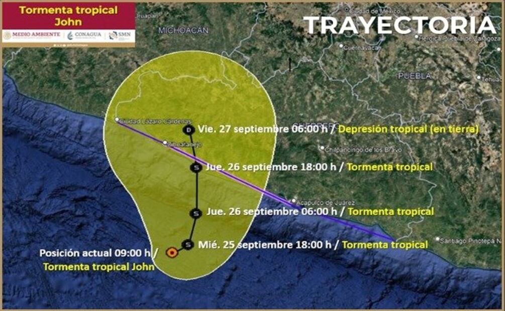 Tormenta tropical John recobra fuerza y amenaza con lluvias intensas en Guerrero y Oaxaca. Foto: Conagua