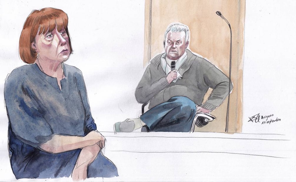 Este boceto de la sala del tribunal realizado por Valentin Pasquier muestra a Gisèle Pelicot, izquierda, y su exmarido Dominique Pelicot. Foto: AP /  Valentin Pasquier