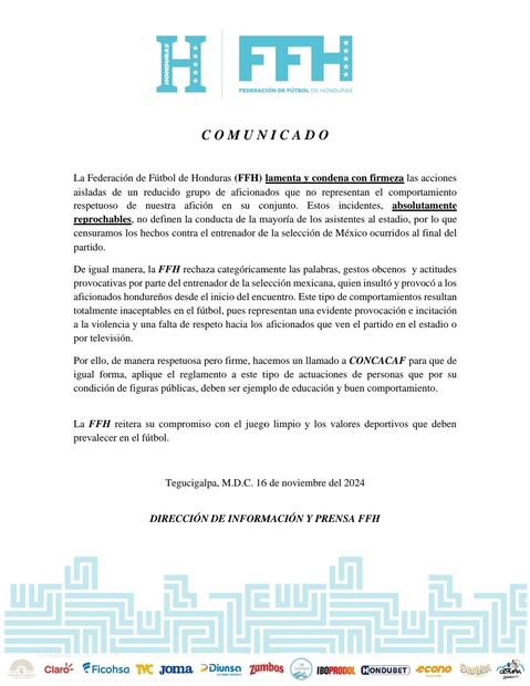 Comunicado de la Federación de Honduras