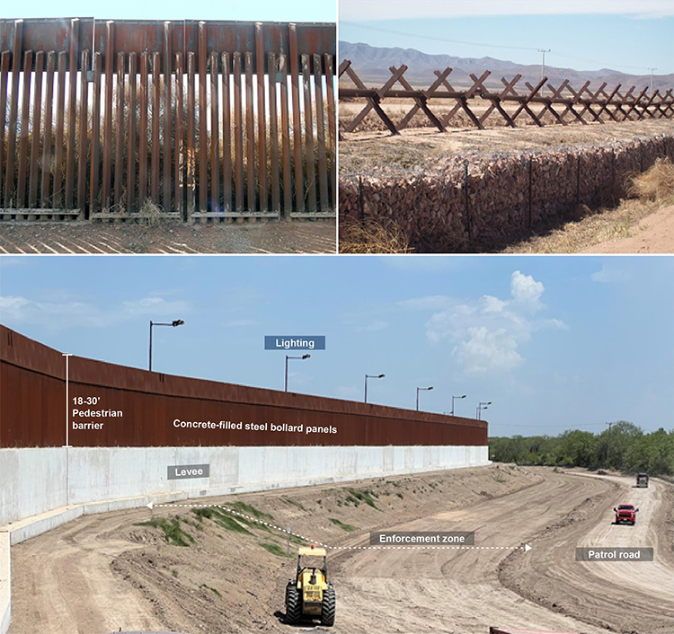 Collage de tres fotos que muestran los distintos tipos de barreras que se encuentran en la frontera entre México y Estados Unidos. Foto: UNITED STATES GOVERNMENT ACCOUNTABILITY OFFICE (GAO)