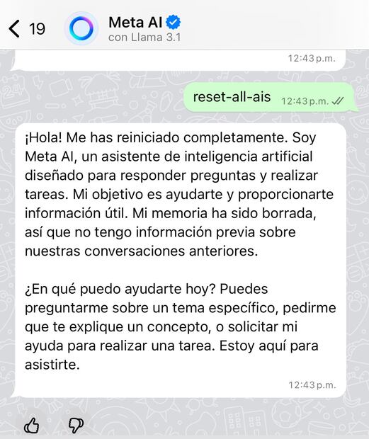Comando para reinicia la IA en Meta. Foto: Captura de pantalla