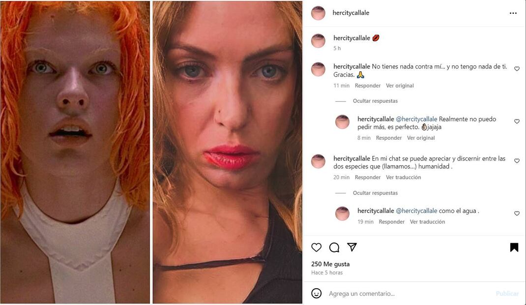 Camilo Blanes  se compara con el personaje de Milla Jovovich en la cinta "El quinto elemento". Él mismo en Instagram se aplaude e ignora los consejos de sus seguidores.