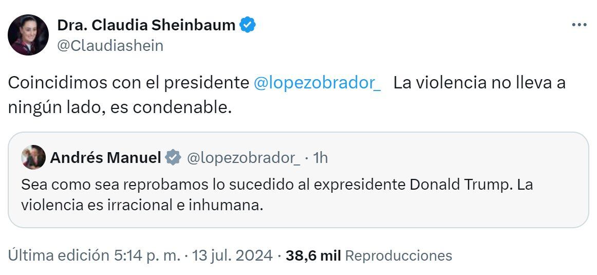 El presidente Andrés Manuel López Obrador y Claudia Sheinbaum reprueban el atentado que sufrió Donald Trump. Foto: EL UNIVERSAL