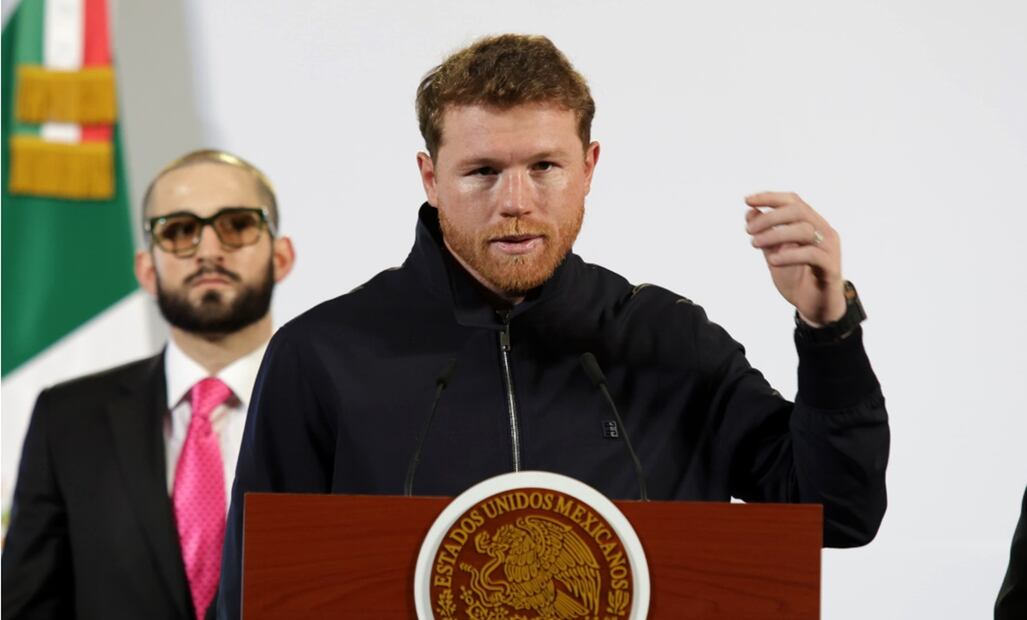 Saúl "Canelo" Álvarez en la mañanera de Claudia Sheinbaum. Foto: Carlos Mejía EL UNIVERSAL