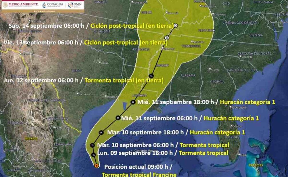 Trayectoria de la tormenta tropical Francine. Foto: X @conagua_clima