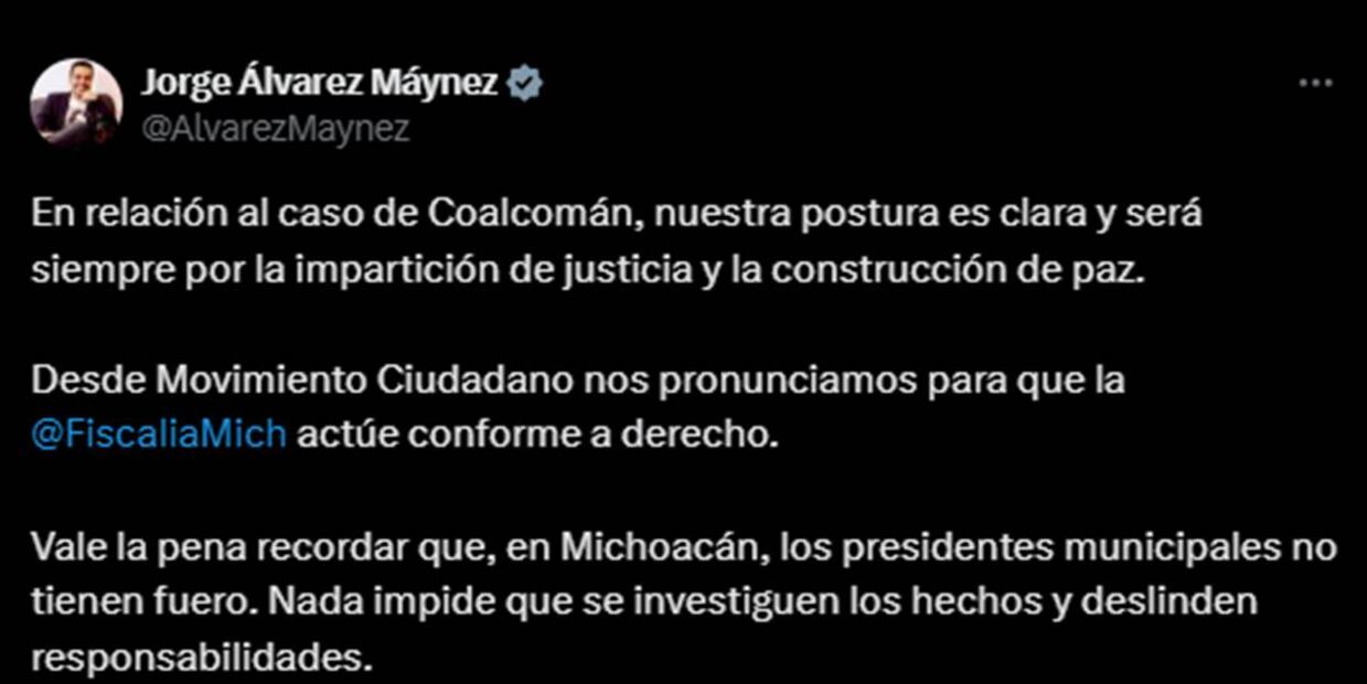 Jorge Álvarez Máynez se pronunció sobre el caso de Coalcomán en su cuenta de X este 30 de diciembre del 2024. Foto: Captura de pantalla de la cuenta de X de @AlvarezMaynez