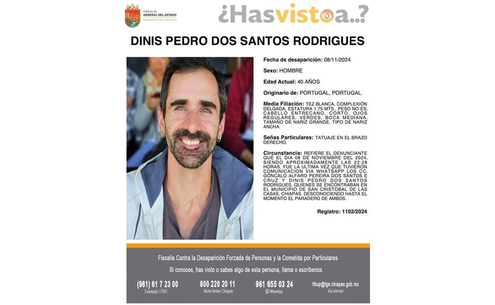 Dinis Pedro Dos Santos Rodrigues, de 40 años de edad, es otro de los turistas desaparecidos desde el 8 de noviembre. Foto: Especial