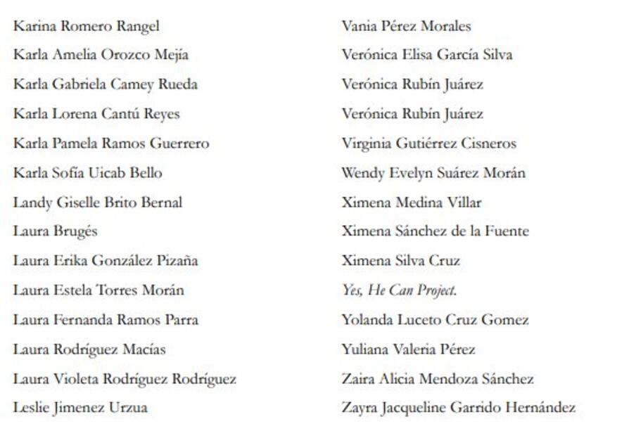 Lista de mujeres que se unieron en contra de la reforma judicial de AMLO porque no tienen paridad de género. Foto: Especial