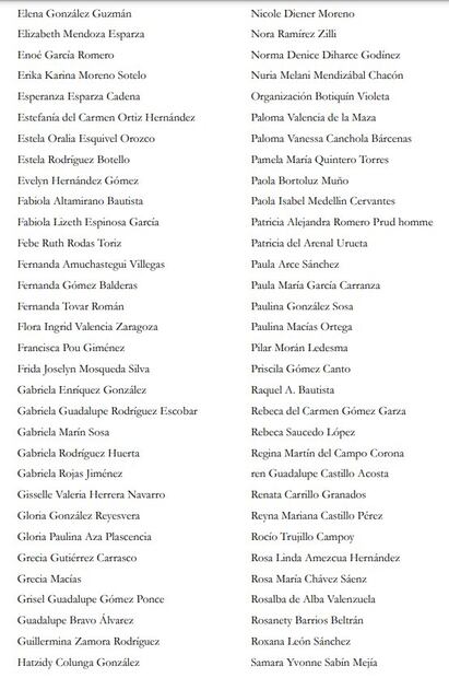 Lista de mujeres que se unieron en contra de la reforma judicial de AMLO porque no tienen paridad de género. Foto: Especial