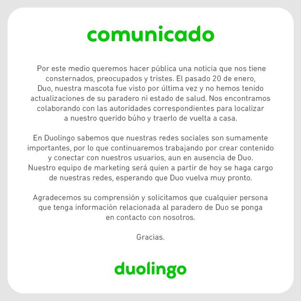 The charismatic owl Duo, symbol of Duolingo, disappeared without warning. Photo: Screenshot in X