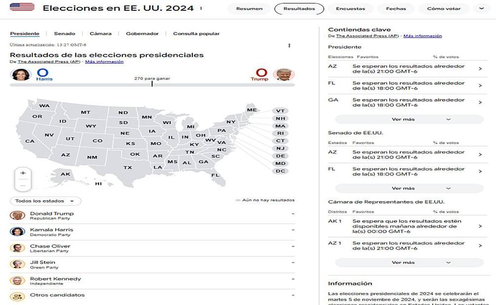 Mapa de los resultados de las elecciones en Estados Unidos, creado por Google, para el 5 de noviembre del 2024. Foto: Captura de pantalla/ EL UNIVERSAL