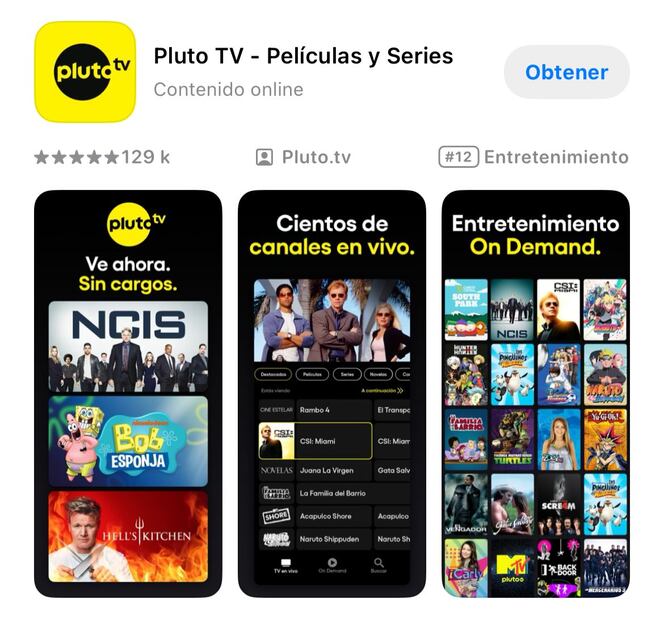 Pluto TV disponible en App Store y Google Play Store. Foto: Captura de pantalla