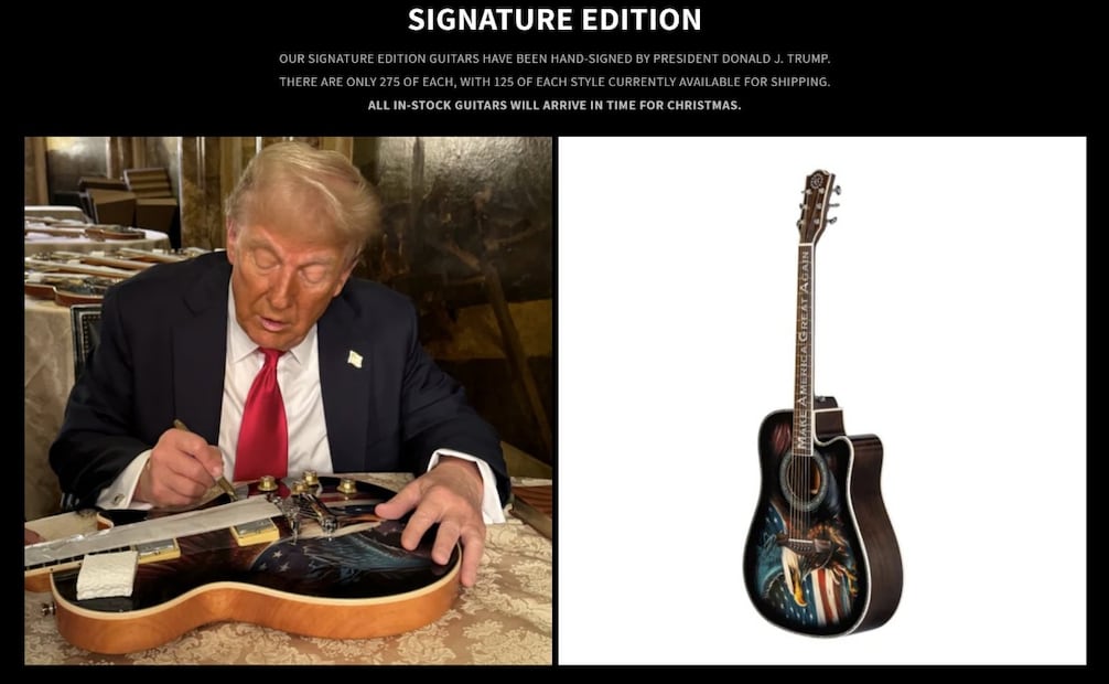 Donald Trump ahora venderá guitarras con precios de hasta 10 mil dólares, 20 de noviembre de 2023. Foto: X @schwurbelwatch