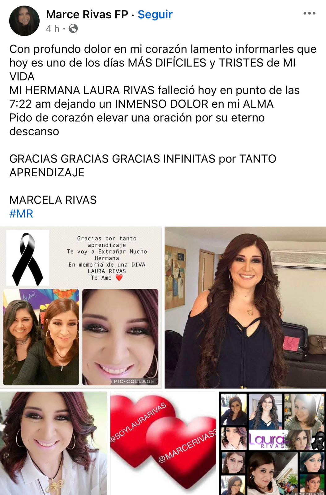 Marcela Rivas, hermana de Laura Rivas, también dio a conocer su fallecimiento. Foto: Captura de pantalla