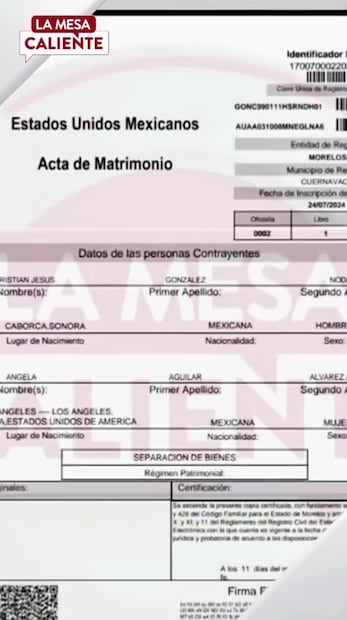 Acta de matrimonio de Ángela Aguilar y Christian Nodal.
Foto: Mesa Caliente, vía Instagram