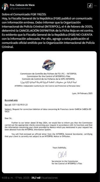 Este domingo 17 de febrero. el exgobernador Cabeza de Vaca difundió en redes sociales que la Interpol había anulado la ficha roja en su contra. Foto: Captura de pantalla de la cuenta de X de @fgcabezadevaca