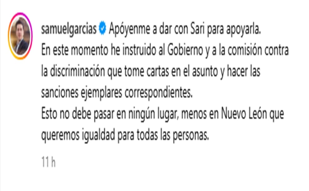 Pronunciamiento de Samuel García por el caso de Sary, mujer con discapacidad visual a la que se el negó el acceso al Hotel Safi. Foto: Captura de pantalla