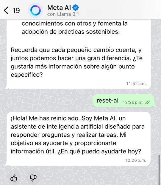 Comando para reinicia la IA en WhatsApp. Foto: Captura de pantalla