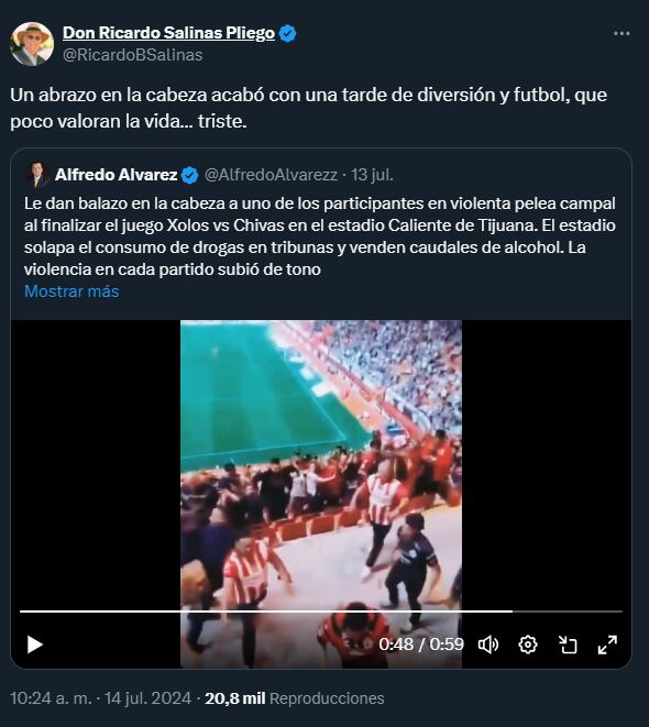 Ricardo Salinas Pliego comentó una publicación sobre el aficionado de Xolos que murió