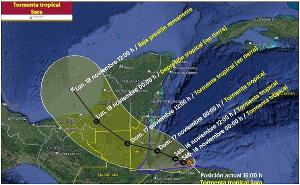 Así se ve la trayectoria de la Tormenta Tropical “Sara” en su paso por territorio mexicano (15/11/2024). Foto: Conagua