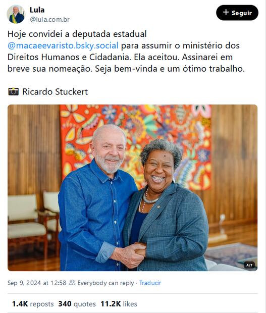 Lula anunció este lunes en la red Bluesky que invitó a Macaé Evaristo, una legisladora estatal y primera mujer negra en ser secretaria de Educación. Foto: Bluesky @lula.com.br‬