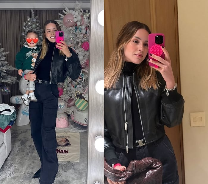 Mariana Rodríguez eleva su total black con una chamarra efecto piel. Foto Instagram @marianardzcantu