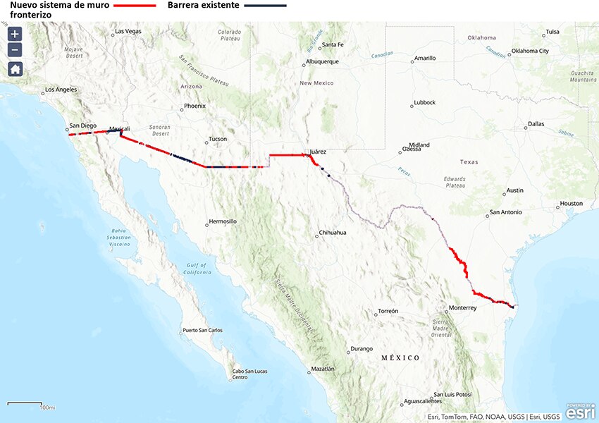 Mapa que muestra las zonas de la frontera entre Estados Unidos y México donde existe una barrera fronteriza. En rojo se muestran más de 730 kilómetros de barreras construidas entre 2017 y 2021. En negro se muestran las barreras construidas anteriormente. Foto:  US CUSTOMS AND BORDER PROTECTION