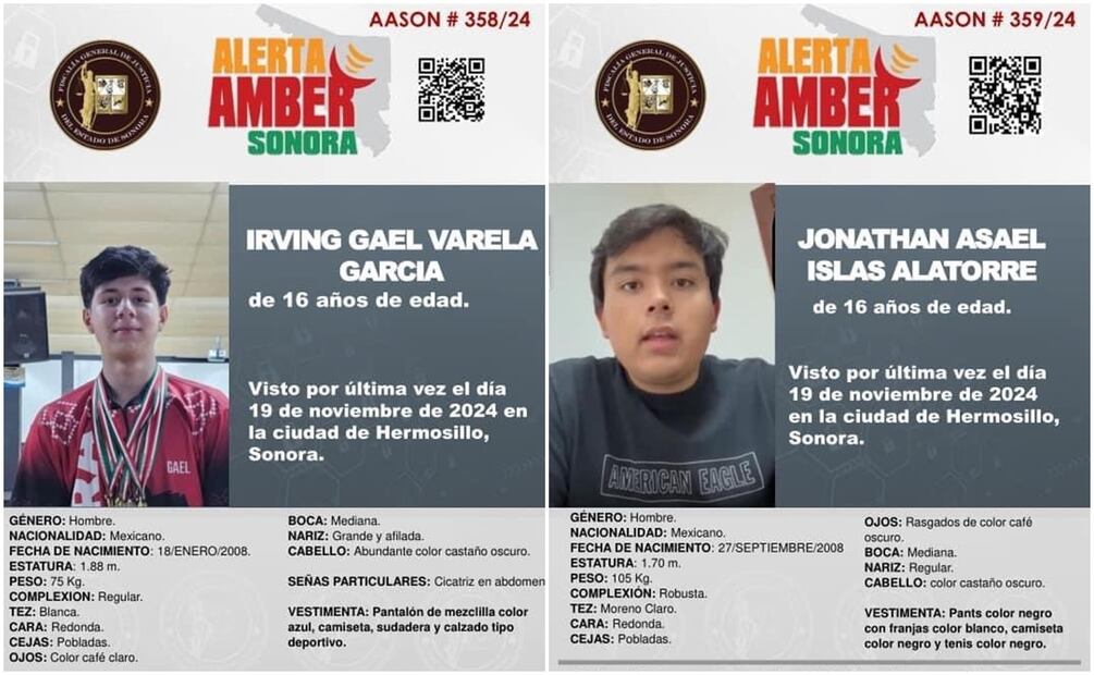 Activan Alerta Amber para Irving Gael Varela García y Jonathan Azael Islas Alatorre desaparecidos en Hermosillo, Sonora (20/11/2024). Foto: Fiscalía de Sonora