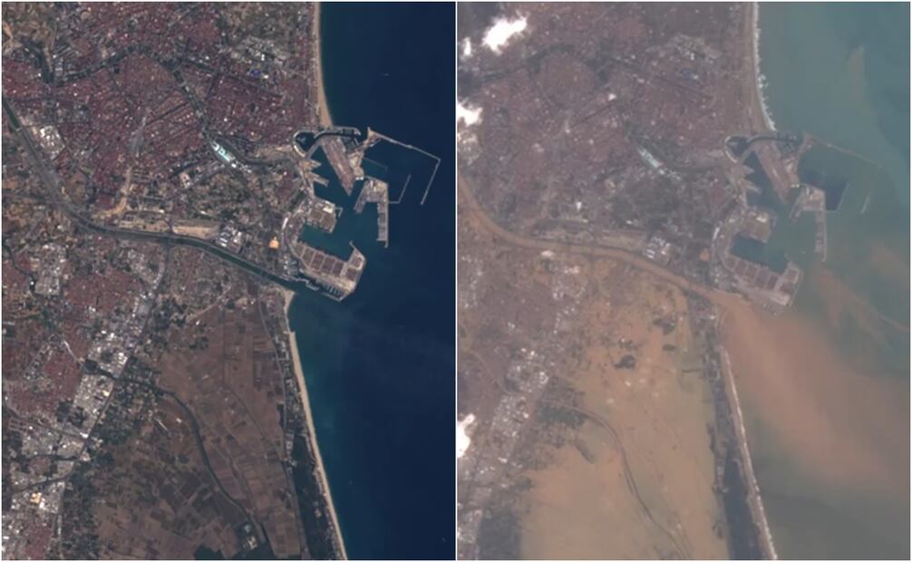 Los satélites capturaron vistas detalladas del área el 6 y el 30 de octubre, antes y después de que las inundaciones repentinas. Foto: X. @NASA_Landsat