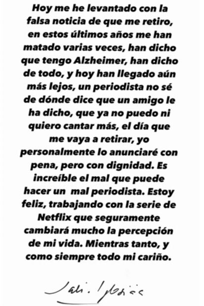 El cantante español rompió el silencio sobre las especulaciones de su carrera y su salud. Foto: Instagram