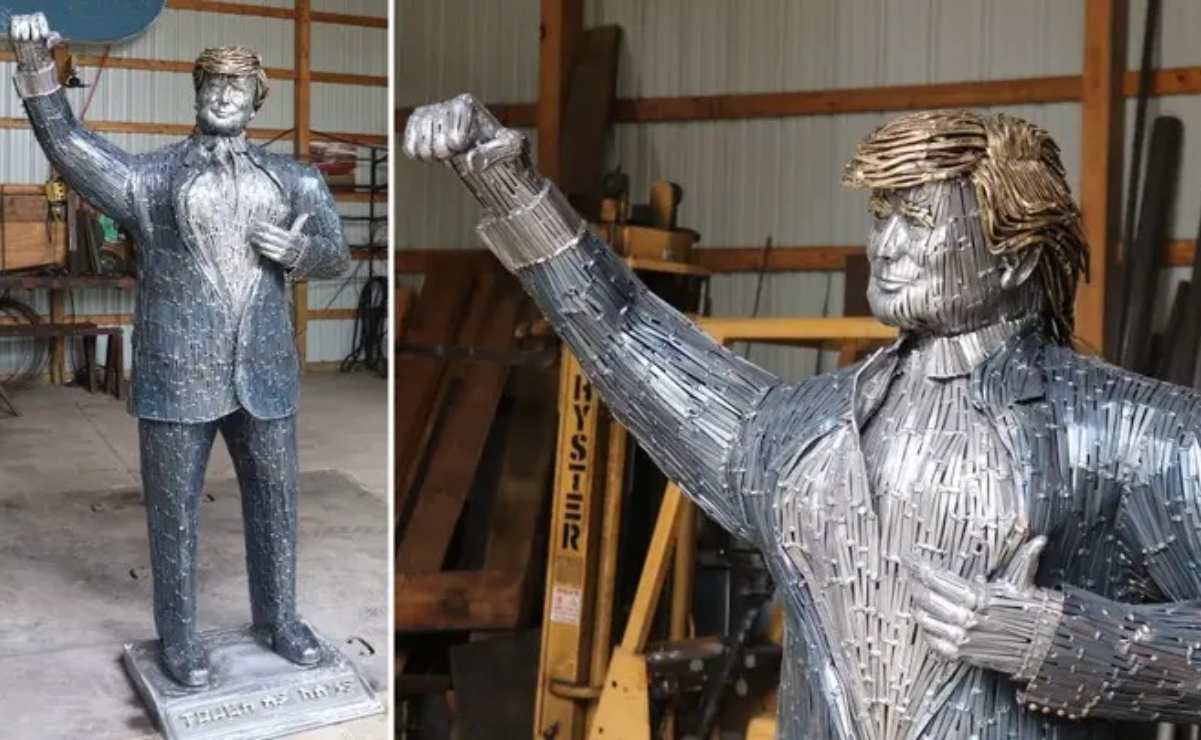 Trump ‘struggling’ sculpture made of nails unveiled after attack