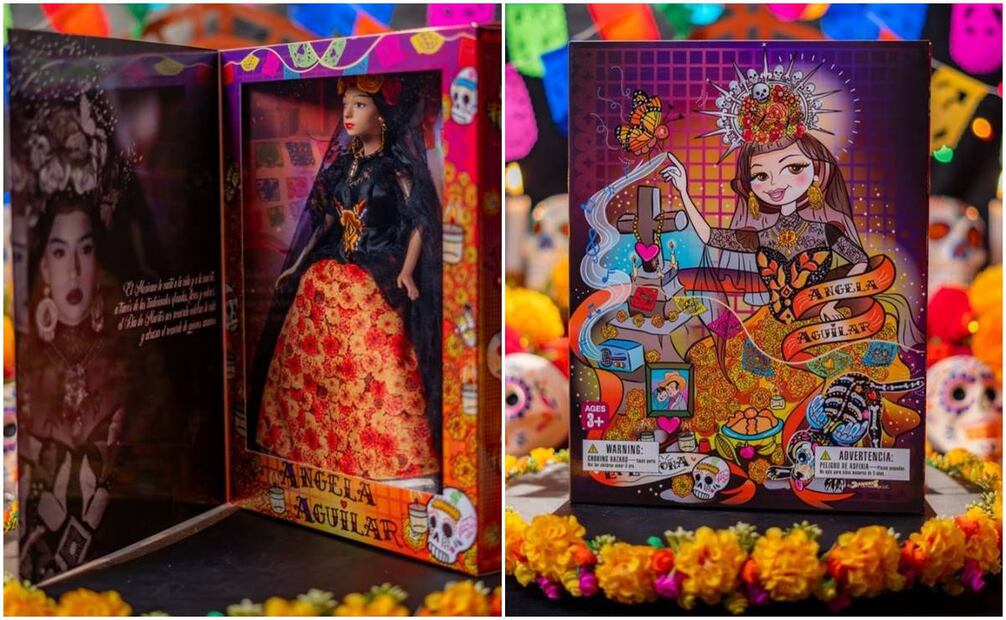 Ángela Aguilar anuncia a la nueva edición de su muñeca; en la contraportada de la caja se observa la caricatura de la cantante poniendo la ofrenda, en la que aparece la foto de sus abuelos Antonio Aguilar y Flor Silvestre.