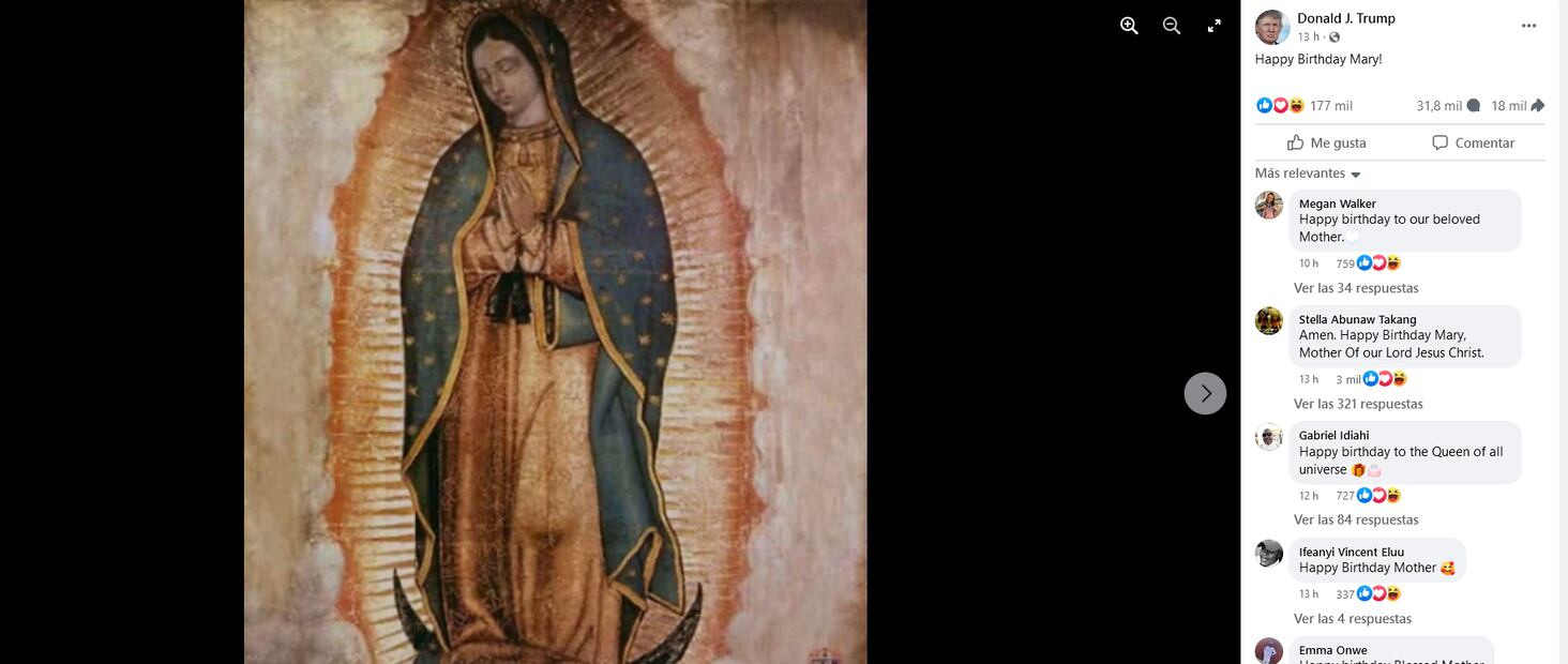 Donald Trump subió a su Facebook una imagen dela Virgen de Guadalupe. Foto: Especial