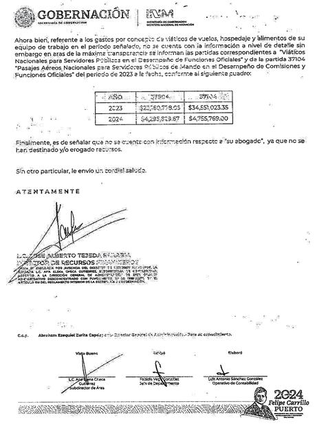 Por vuelos de avión Francisco Garduño ha gastado 666 mil 347 pesos durante 2023 y 2024, según Gobernación y el INM.