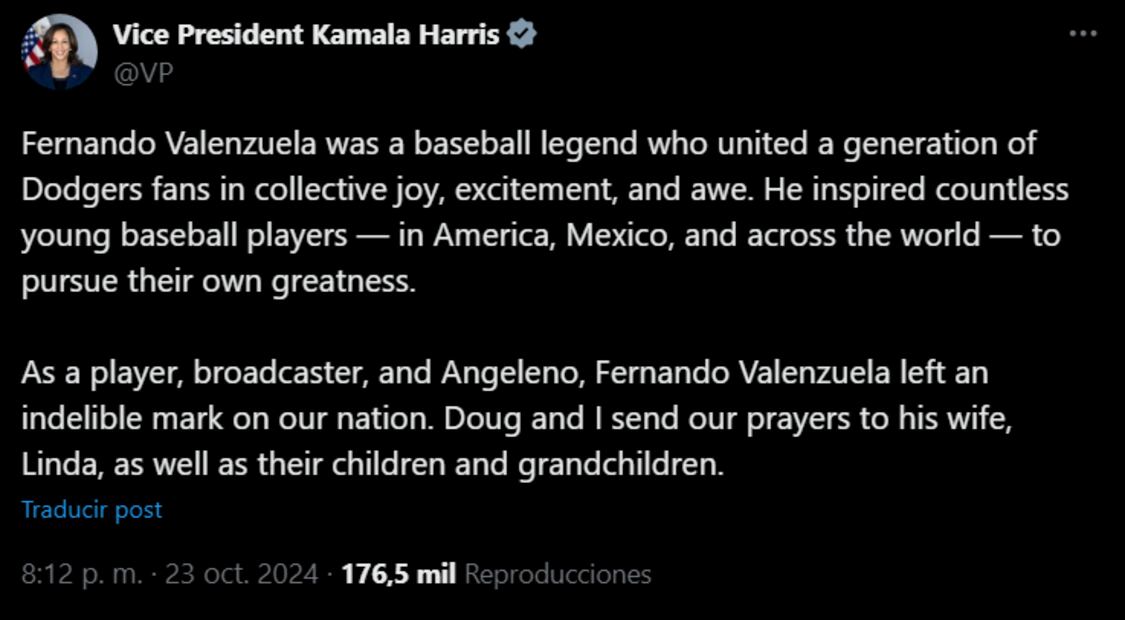 El mensaje de Kamala Harris sobre Fernando Valenzuela